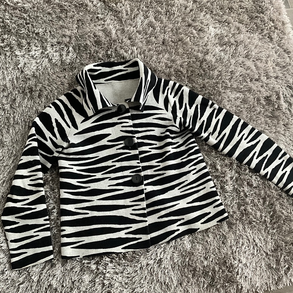 Zebra print sweater jacket. WHBM quality. 3 button, long sleeve, nice cozy warm.